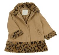 Béžový flaušový podšitý kabát so vzorovanou kožešinou a golierikom Matalan