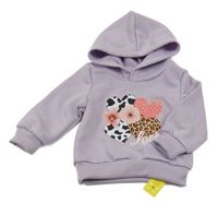 Nové - svetlofialová mikina so srdiečkami a kvetmi a nápisom a kapucňou SHEIN