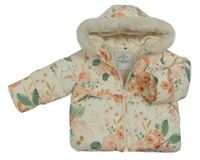 Smetanová prošívaná šusťáková zimní bunda s růžemi a volánkem a kapucí s kožešinou George