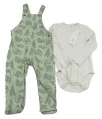 Nové - 25et - Olivové cargo laclové teplé tepláky s dinosaury + světlebéžové melírované body F&F