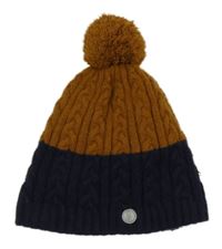 Hnědo-tmavomodrá vzorovaná žebrovaná pletená čepice s bambulí OKaïdi