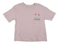 Svetloružové tričko s tulipánky a nápismi PRIMARK