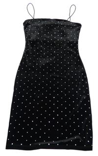 Čierne zamatové elastické šaty s kamienkami H&M