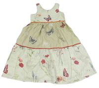 Krémovo-svetlobéžové plátenné šaty s motýlikmi a kvietkami