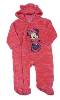 Tmavorůžová melírovaná chlupatá podšitá kombínéza s Minnie a kapucňou zn. Disney