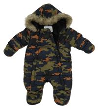 Khaki-černo-hnědá army šusťáková zimní kombinéza s kapucí Primark