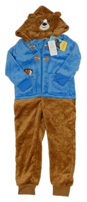 Nové - Hnědo-modrá chlupatá kombinéza s kapucí - Paddington
