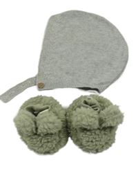 2set - Šedý melírovaný pletený čepeček + khaki huňaté podšité capáčky vel. 15