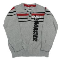 Sivo-čierno-červený sveter s pruhmi a príšerkou Kiki&Koko