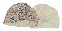 2x bavlněná turbanová čepice - smetanová s mašlí + květovaná s mašlí