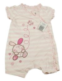 Nové - Světlerůžovo-smetanový pruhovaný bavlněný kraťasový overal s králíkem Matalan