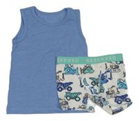 2set - Modré melírované tílko + bílé boxerky se stavebními stroji