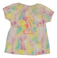 Ružovo-žlto-tyrkysové batikované tričko s mořským koníkem Topolino