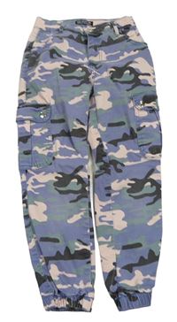 Modro-černo-růžové army cuff riflové kalhoty 