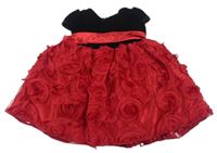 Červeno-černé šaty s 3D růžemi a páskem 