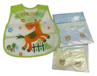 3 set - Zelený bryndák s koněm + žluté rukavice s medvědy + modré rukavice s medvědy 