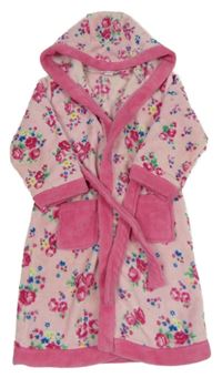 Růžový květovaný chlupatý župan s kapucí Miniclub