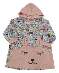 Ružovo-farebné vzorované teplákové šaty s králikom a kapucňou shein