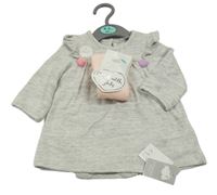 Nové - 2 set - sivé pletené šaty s všitým body a bambulkami + svetloružové pančuchy Primark