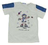Bielo-modrošedé tričko s kosmonautem a raketou