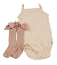 2set - růžové vzorované body + starorůžové žebrované podkolenky s mašlemi