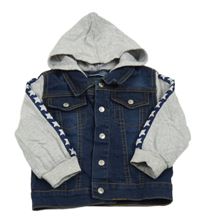 Tmavomodro-sivá rifľová bunda s teplákovymi rukávy a kapucňou Ergee