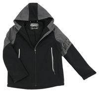 Černo-šedá softshellová zateplená bunda s nápisy a kapucí C&A