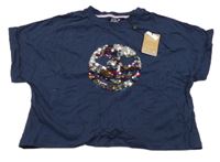 Nové - Tmavomodré crop tričko so smajlíkem z flitrů M&Co.