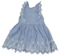 Světlemodro-biele šaty s volánikmi a výšivkami květů C&A