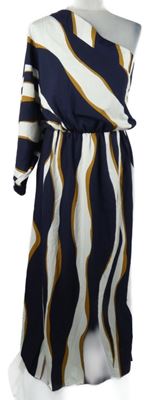 Dámské tmavomodro-bílo-medové vzorované dlouhé asymetrické šaty Emery Rose 