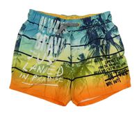 Modro-zeleno-oranžové pruhované plážové kraťasy s palmami a nápisom C&A