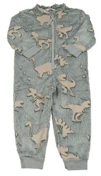 Zeleno-bílý melírovaný chlupatý overal s dinosaury M&S