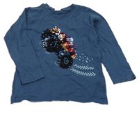 Tmavomodré triko s autem z překlápěcích flitrů Lindex