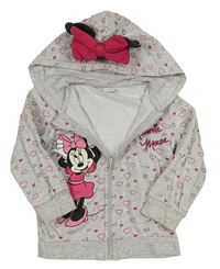 Šedá propínací mikina se srdíčky, Minnie a kapucí Disney
