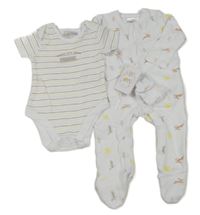 Nové - 3set - Bílý overal se zajíčky + pruhované body + rukavice 