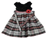 Černo-šedé kostkované slavnostní šaty s květem a páskem 