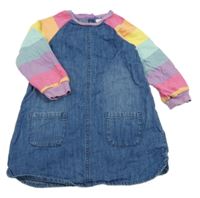 Modré rifľové šaty s farebnymi pruhovanymi teplákovymi rukávy Next