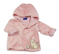 Růžová sametová propínací podšitá mikina s kočkou a kapucí 