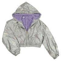 Strieborná metalická šušťáková zateplená crop bunda s kapucňou Shein