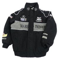 Čierno-sivá šušťáková ľahká zateplená bunda s nápismi