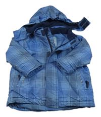 Modro-tmavomodrá kostkovaná šusťáková zimní bunda s odepínací kapucí 