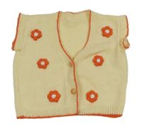 Smetanovo-oranžová svetrová vesta s kvietkami