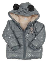 Šedá šusťáková prošívaná zimní bunda s Minnií a kapucí Disney