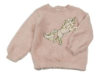 Svetloružový chlpatý sveter s jednorožcom F&F