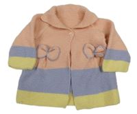 Ružovo-modro-žltý pruhovaný prepínaci sveter s mašľami