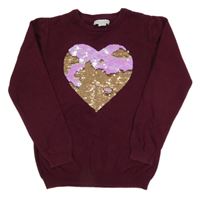 Vínový svetr se srdíčkem z flitrů Primark