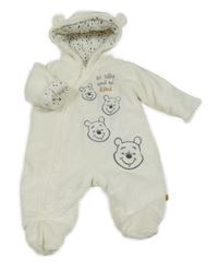 Smetanová chlupatá zateplená kombinéza s medvídkem Pú a kapucí 