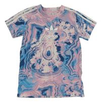 Světlemodro-růžové batikované tričko s logem a pruhy Adidas 