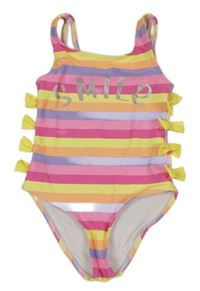 Barevné pruhované jednodílné plavky s nápisem a mašličkami Kiki&Koko