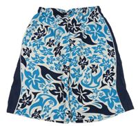 Modro-tmavomodré kvetované plážové kraťasy s pruhmi